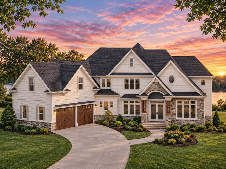Front exterior view of a New American Coastal Traditional style home with shingle siding, board-and-batten accents, stone detailing, and symmetrical gabled rooflines