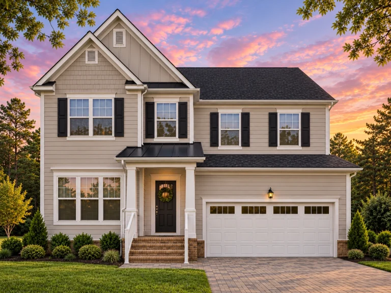 Single Family House Plans 6 Front elevation of a New American Modern Traditional two-story house with white horizontal siding, black shutters, and attached two-car garage