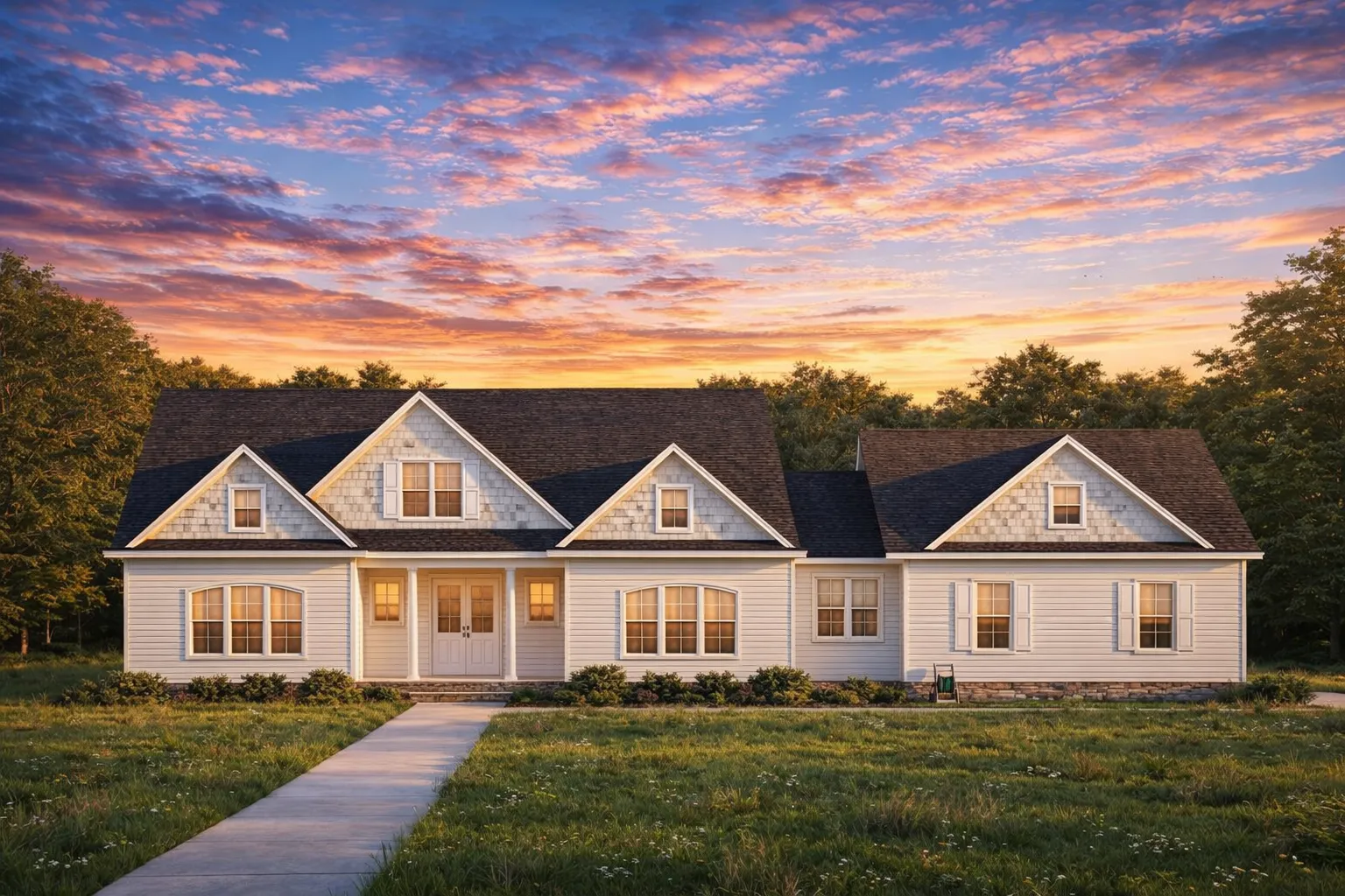 Front elevation of a Cape Cod style home with horizontal siding, shingle accents, symmetrical windows, and a traditional pitched roof