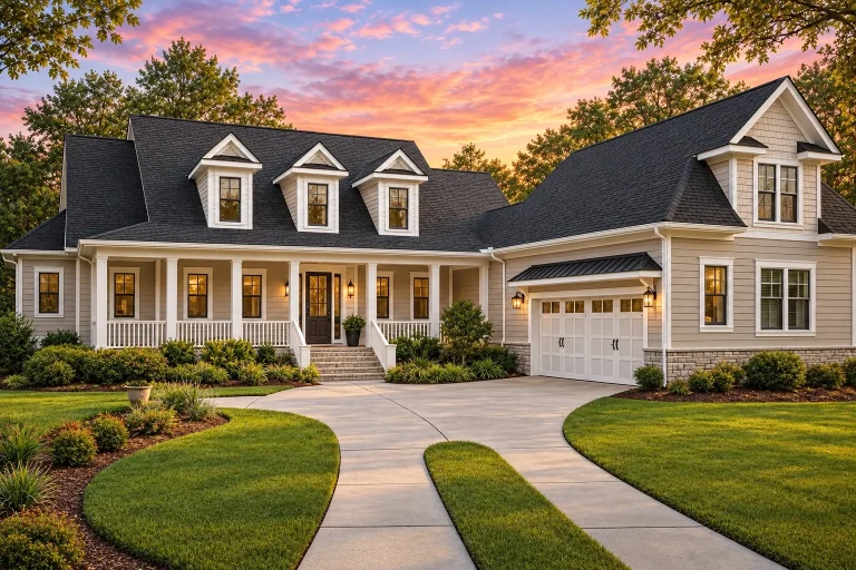 Front exterior of a Southern Farmhouse style home with Low Country architecture, horizontal siding, wraparound porch, dormer windows, and side-entry garage