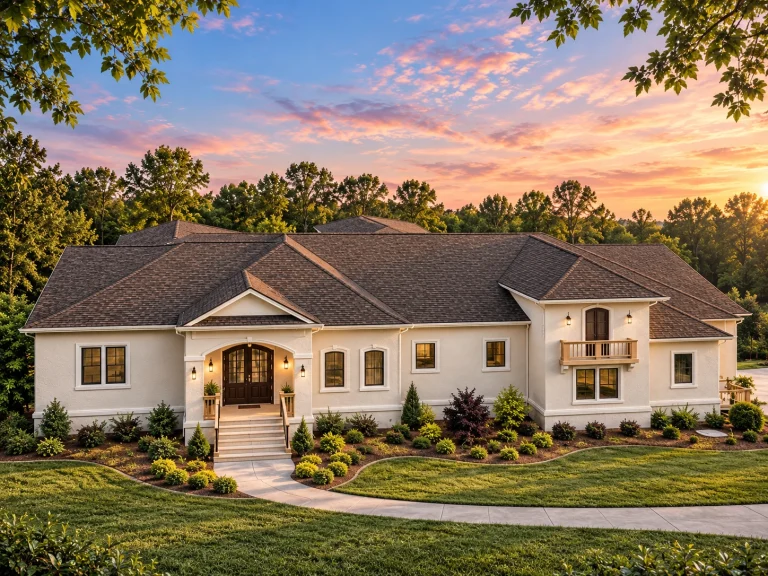 House Plans with Outdoor Kitchen 10 Front elevation of a Traditional Ranch style home with painted brick exterior, stone accents, low-pitched rooflines, and symmetrical New American detailing