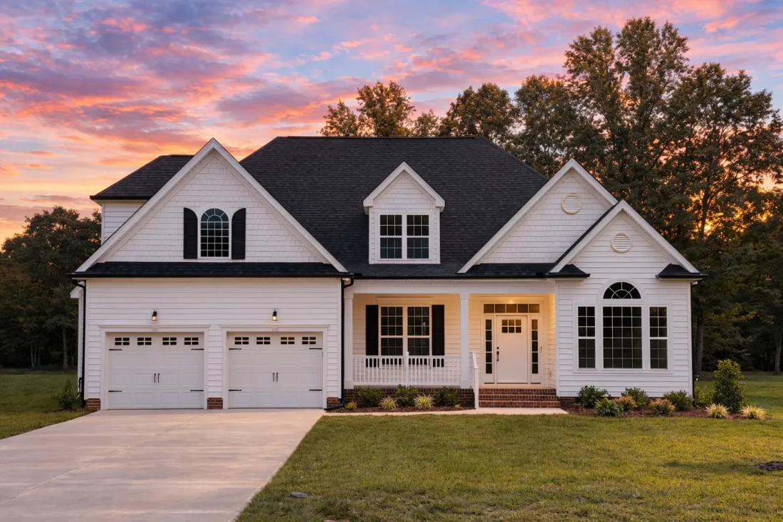Front elevation of a New American style suburban home with lap siding, stone veneer, gabled rooflines, and a two-car garage