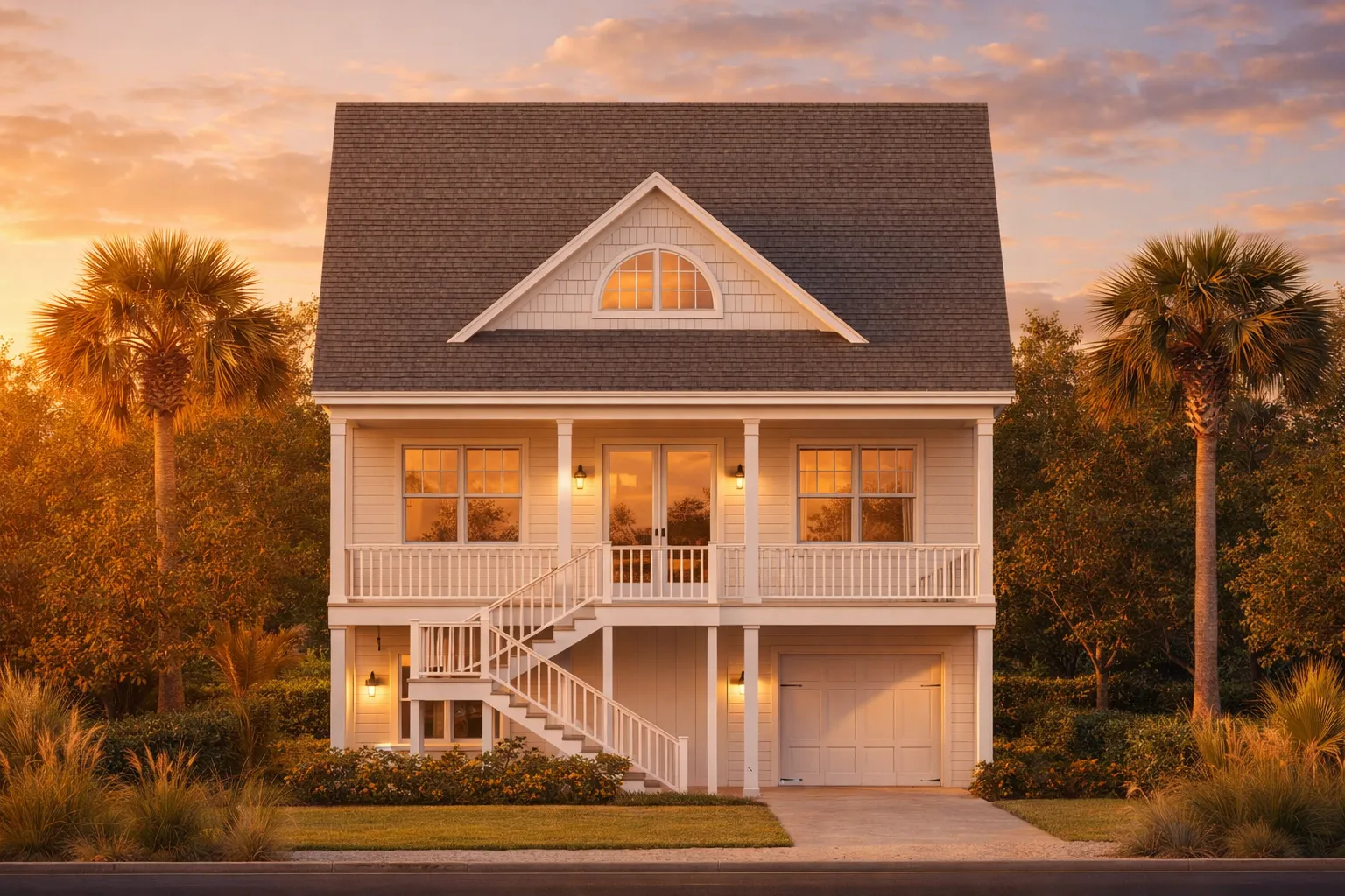 Front elevation of a Coastal Low Country style raised home with lap siding, covered porch, exterior staircase, and garage underneath