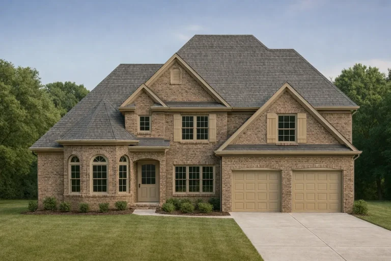 Front elevation of Traditional Colonial Revival style home with full brick exterior, symmetrical windows, arched entry, and two-car garage