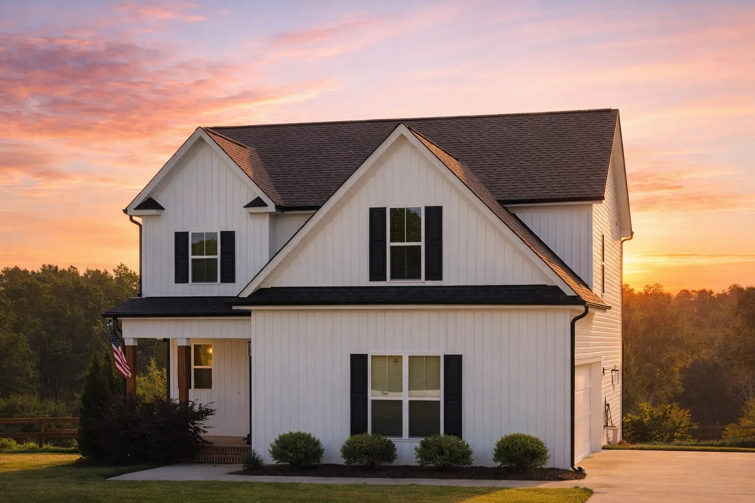 Front elevation of a modern farmhouse style two-story home featuring white board and batten siding, black window shutters, and a symmetrical gabled roofline