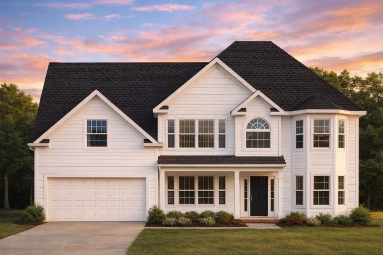 Front elevation of a New American style two-story house with horizontal lap siding, symmetrical windows, gabled rooflines, and an attached two-car garage