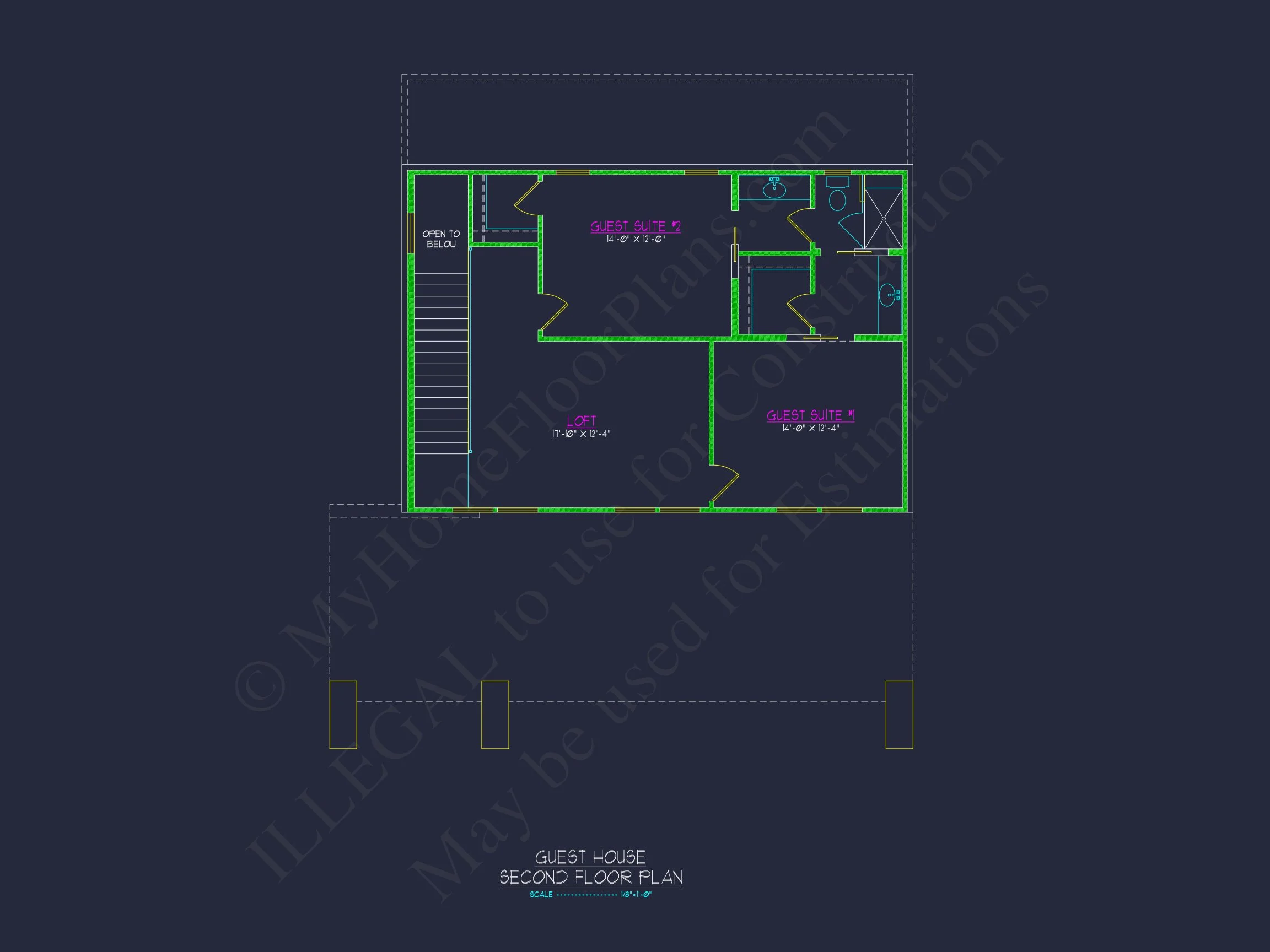 19-1382 POOL GUEST HOUSE ADU - Modern Home Plan - 3-Bed, 2.5-Bath, 2,150 SF 6 Modern Guesthouse house Blueprint with Pool and Open Floor Plan