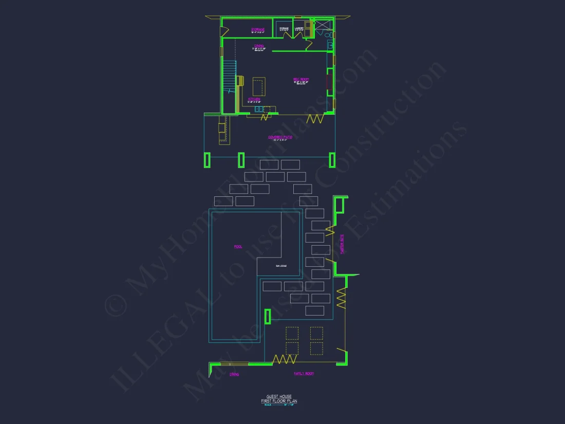 Modern Guesthouse house Blueprint with Pool and Open Floor Plan