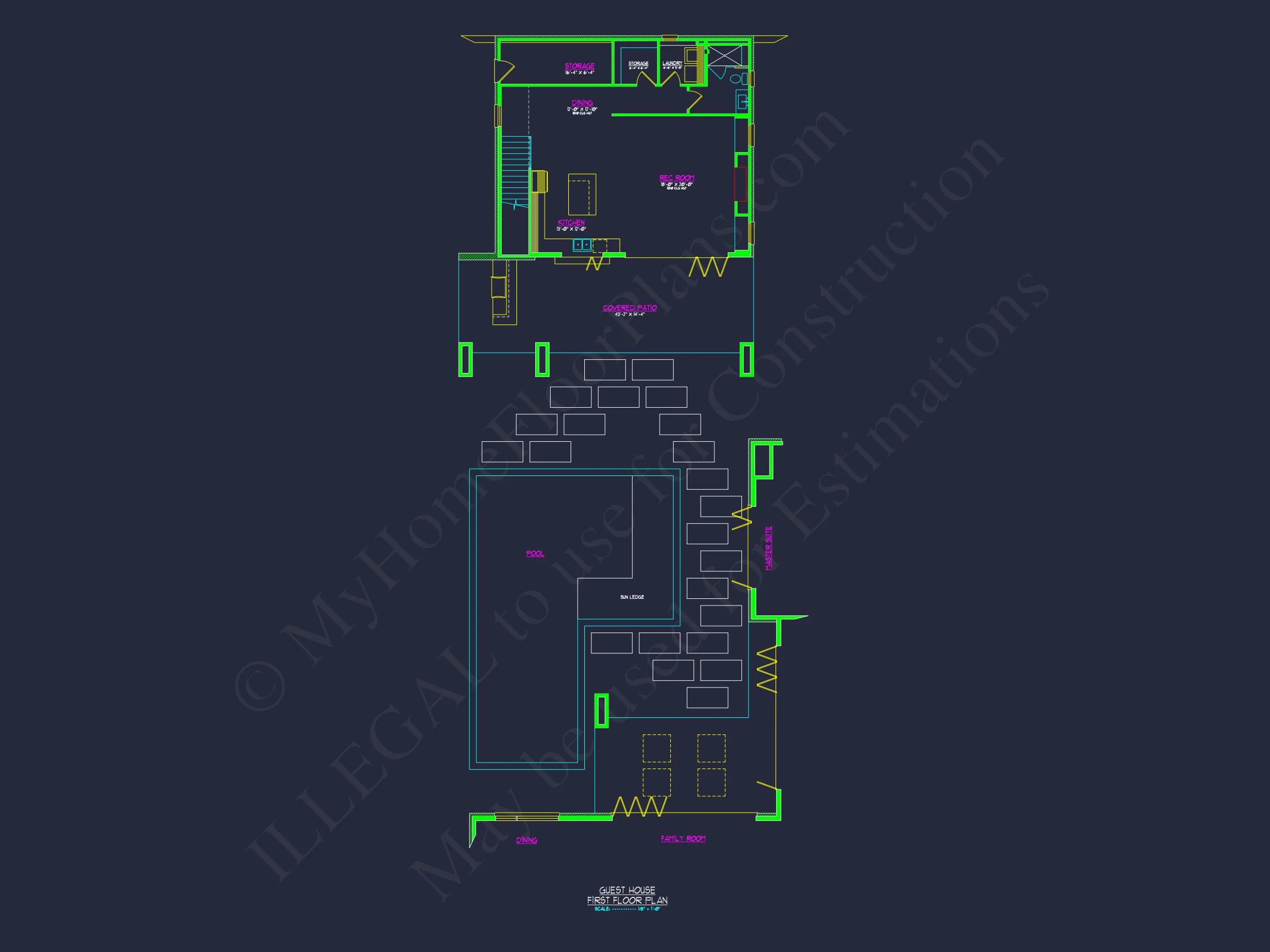 19-1382 POOL GUEST HOUSE ADU - Modern Home Plan - 3-Bed, 2.5-Bath, 2,150 SF 3 Modern Guesthouse house Blueprint with Pool and Open Floor Plan
