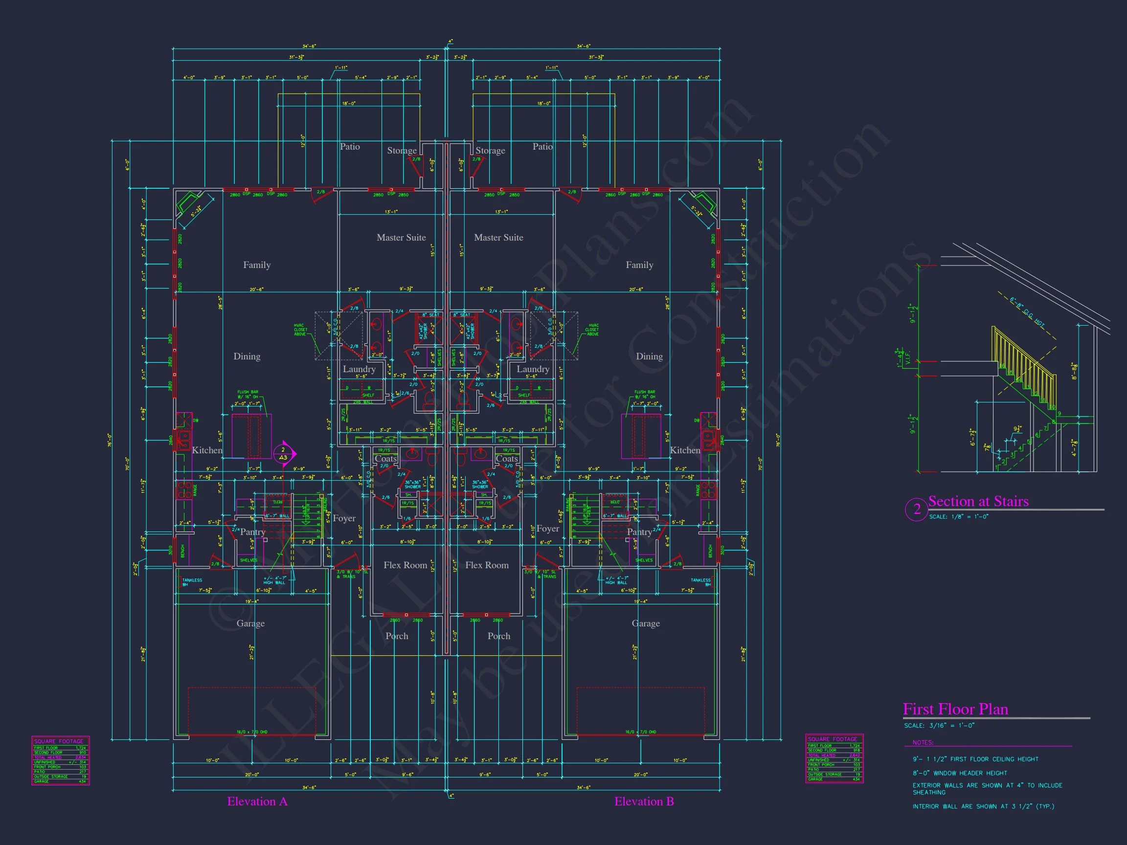 16-1064 HOUSE PLAN - Traditional Ranch House Plan - 3-Bed, 2-Bath, 2,600 SF 8 Stunning Duplex house Plan with CAD Designs and Blueprints