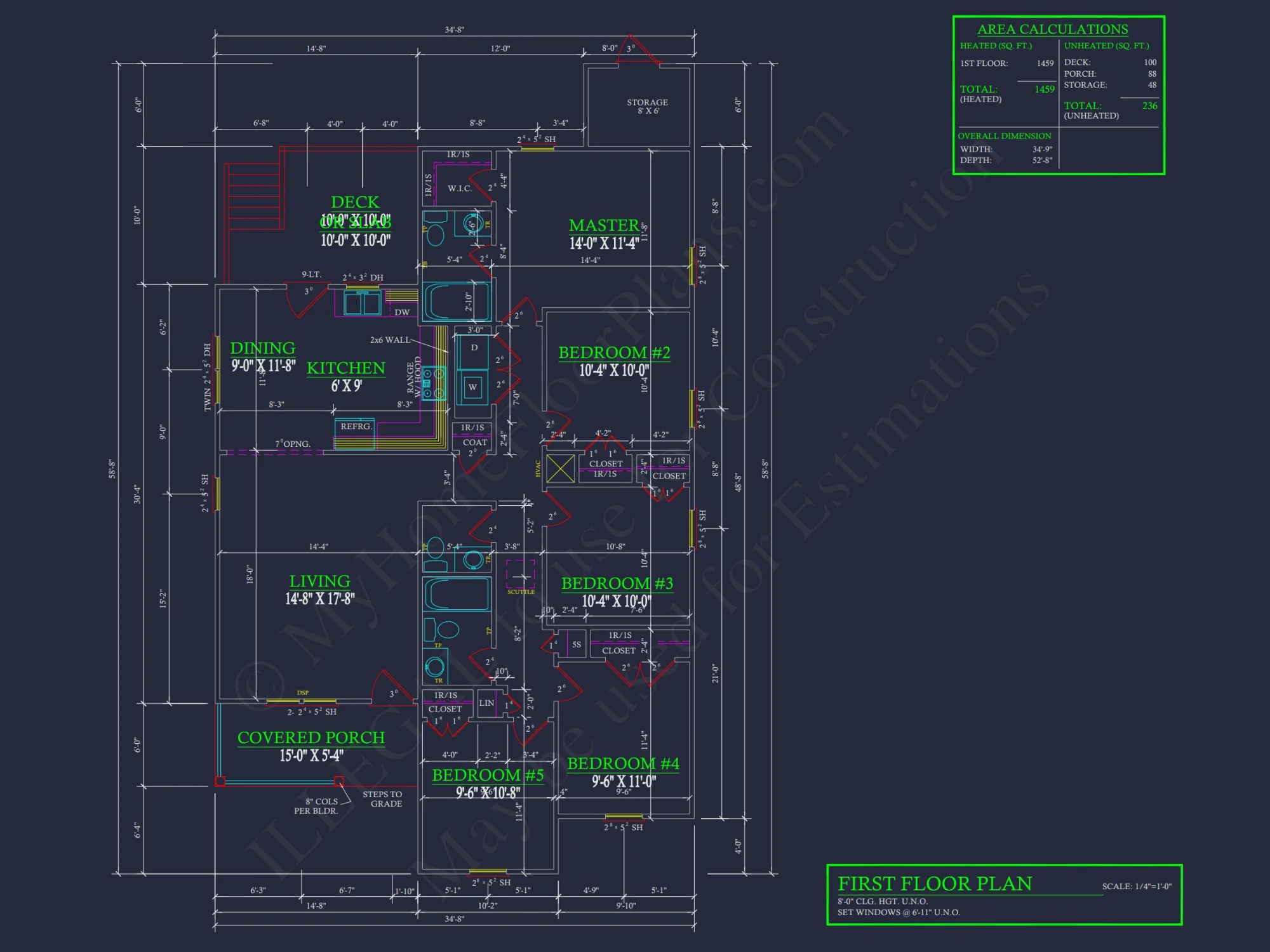 34' WIDE SINGLE STORY house FLOOR PLAN CAD BLUEPRINTS