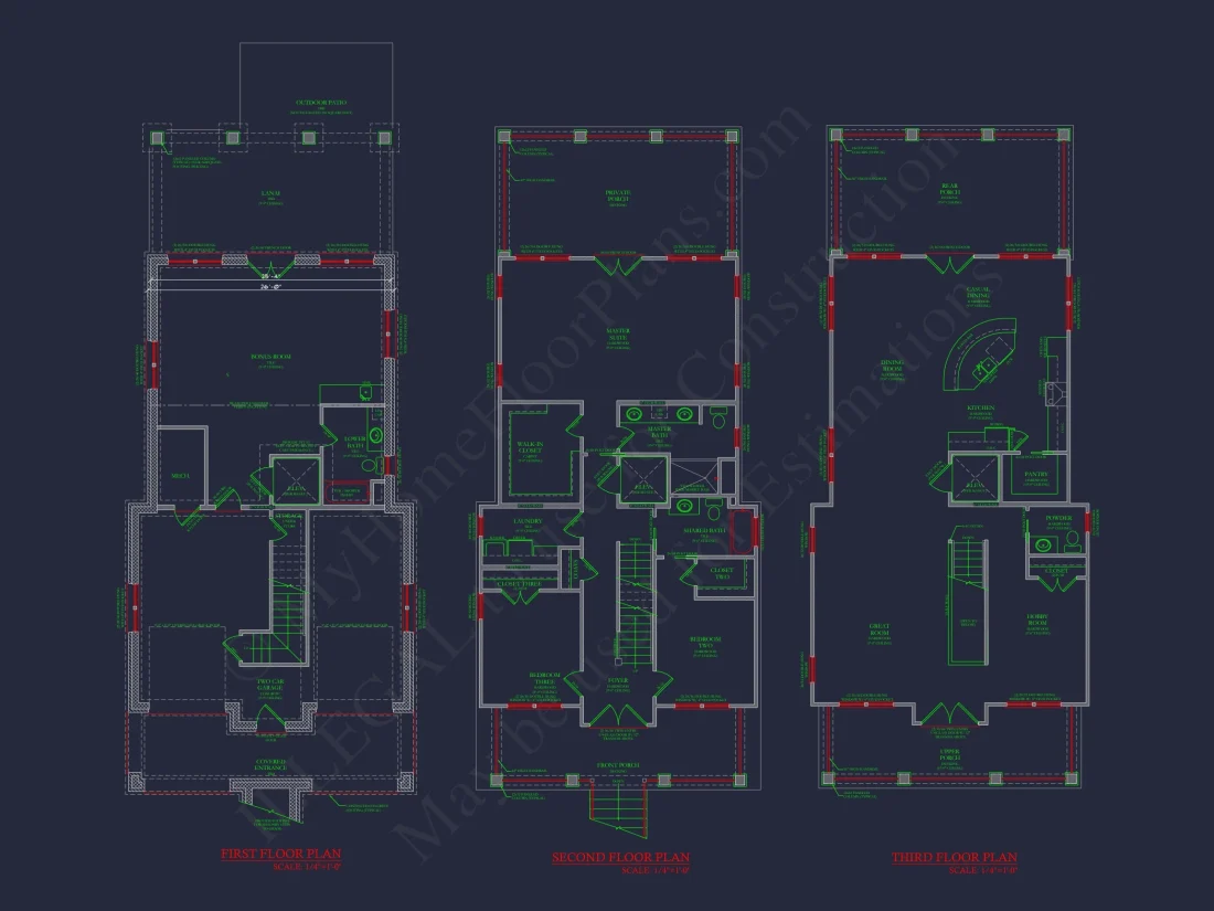 Coastal house Floor Plan: 3-Story, 3-Bed, 2-Bath, CAD Blueprint