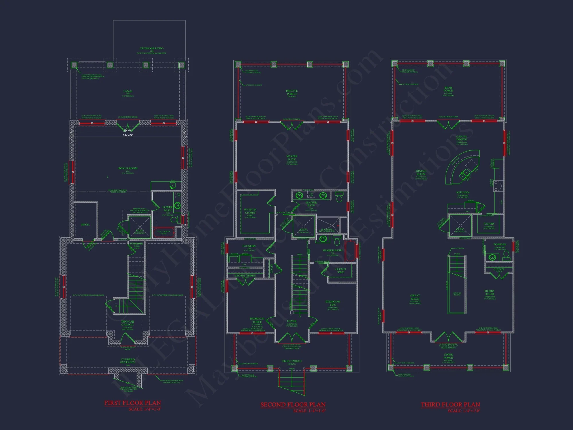 Coastal house Floor Plan: 3-Story, 3-Bed, 2-Bath, CAD Blueprint
