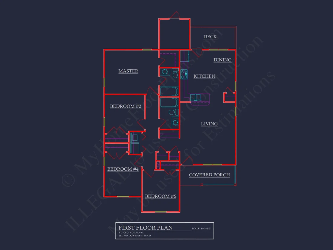 Craftsman house Floor Plan with CAD Design for 5 Bedrooms