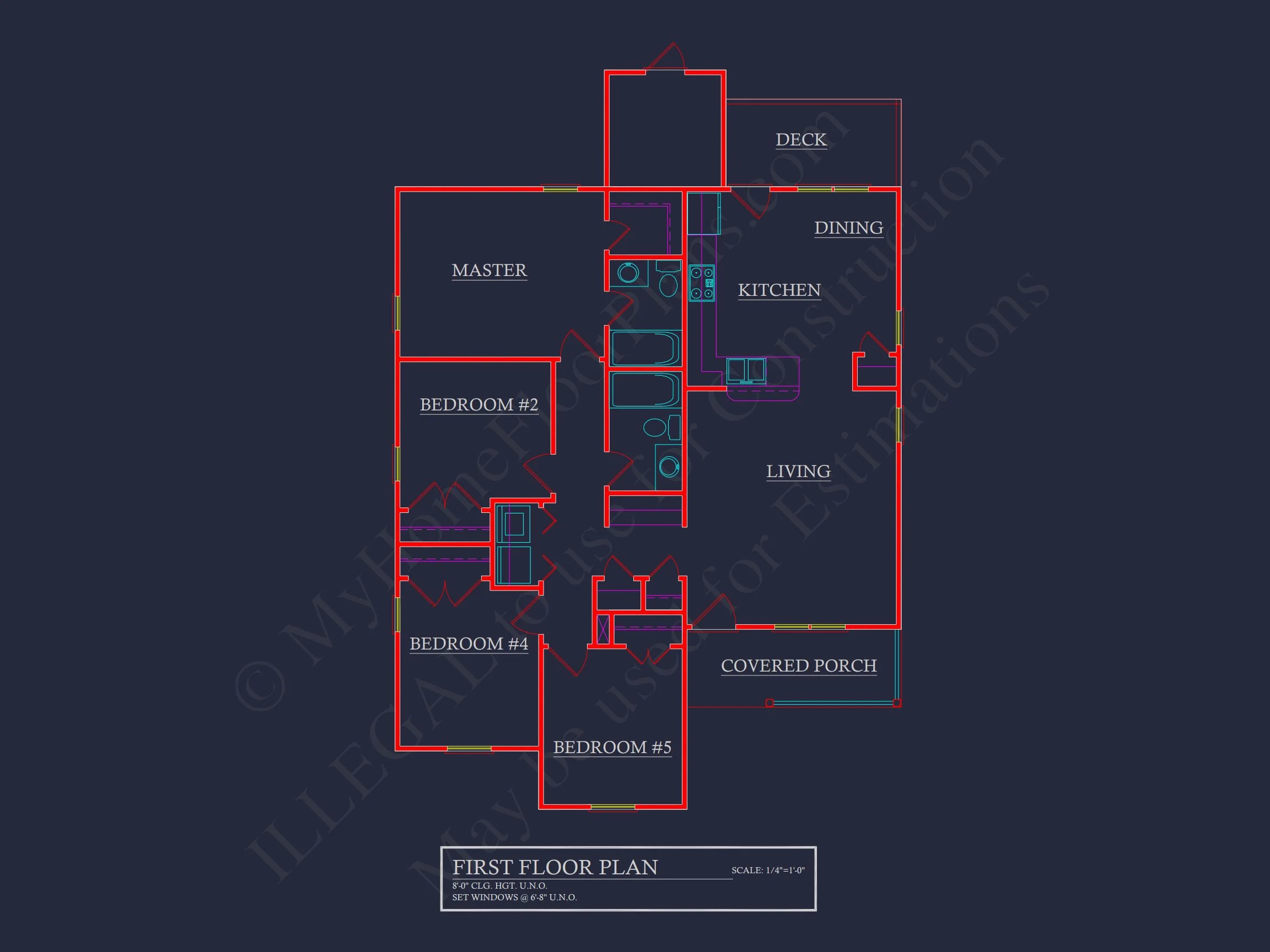 Craftsman house Floor Plan with CAD Design for 5 Bedrooms