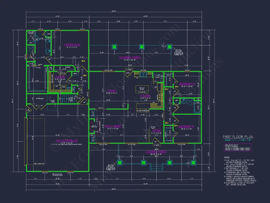 Craftsman house Plan: 3 Beds, 2 Baths, CAD Blueprint Designs