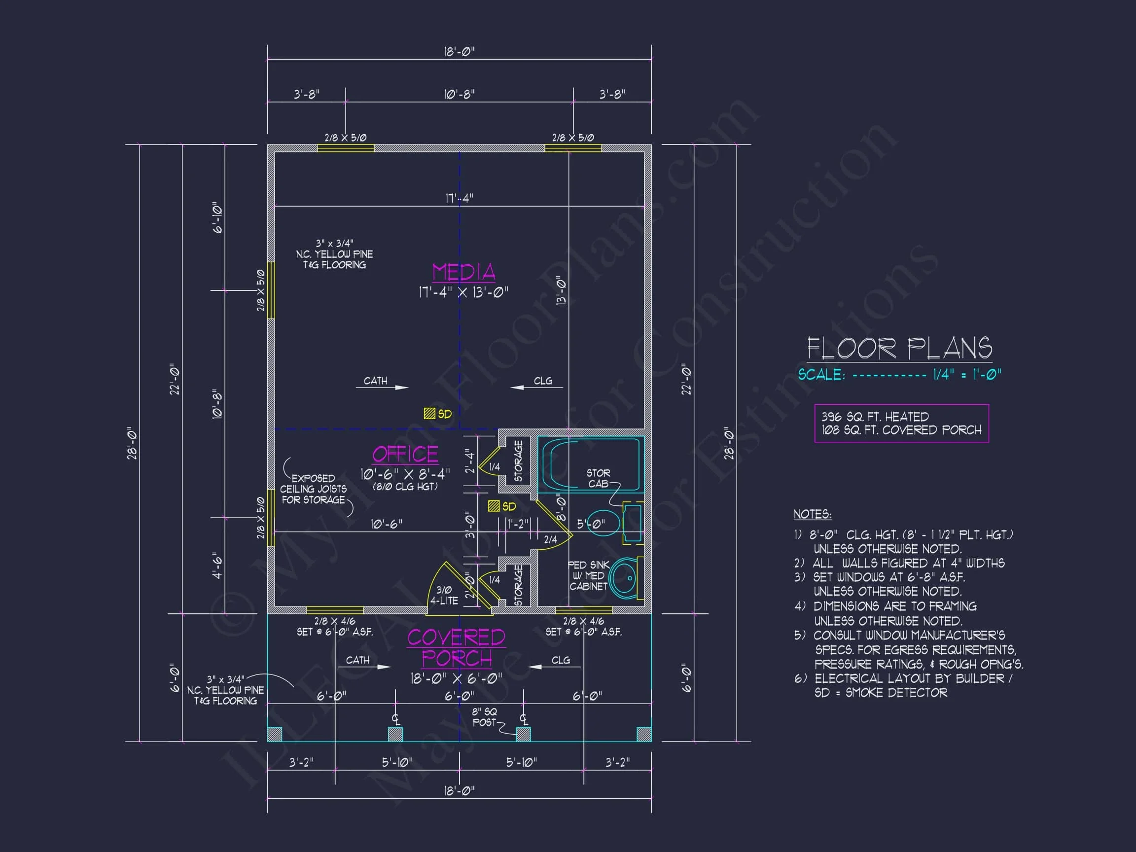 11-1891 HOUSE PLAN - 1-Bed, 1-Bath, 396 SF Craftsman Cottage Home Plan 13 Compact house Floor Plan with Detailed CAD Architecture Design