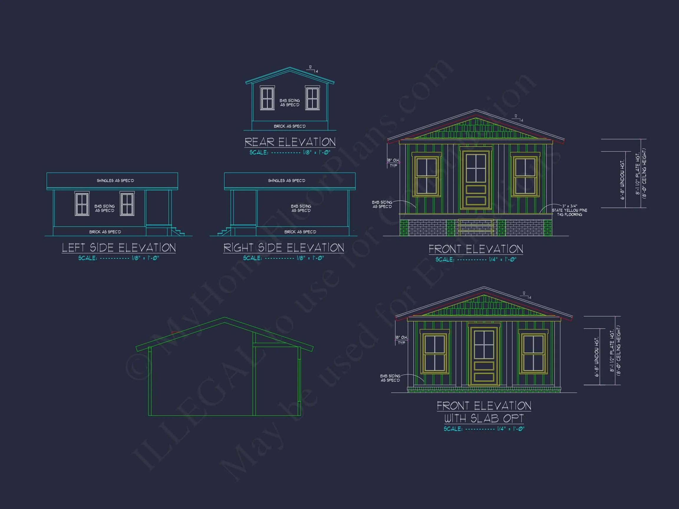 11-1891 HOUSE PLAN - 1-Bed, 1-Bath, 396 SF Craftsman Cottage Home Plan 8 Compact house Floor Plan with Detailed CAD Architecture Design