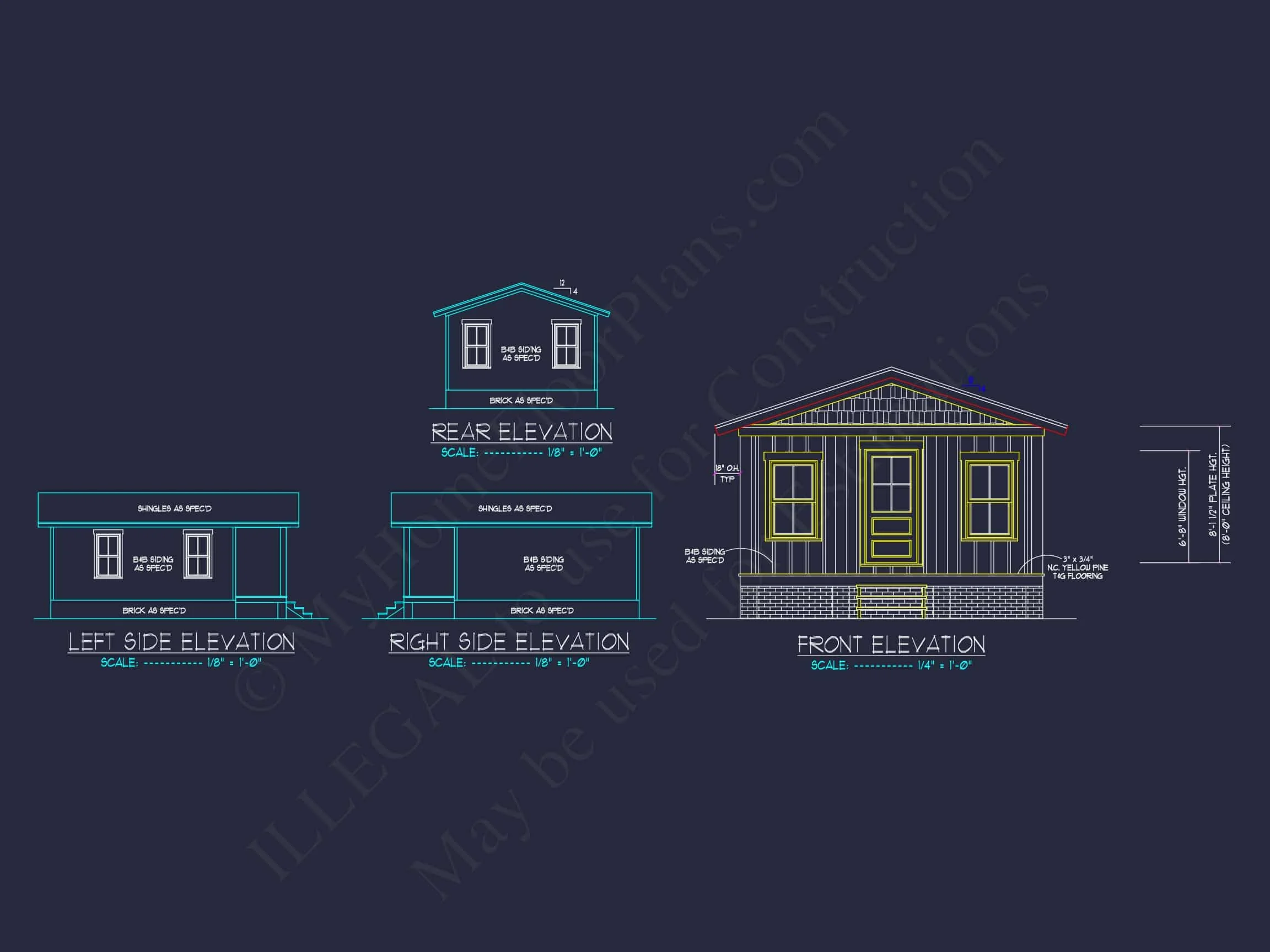 11-1891 HOUSE PLAN - 1-Bed, 1-Bath, 396 SF Craftsman Cottage Home Plan 9 Compact house Floor Plan with Detailed CAD Architecture Design