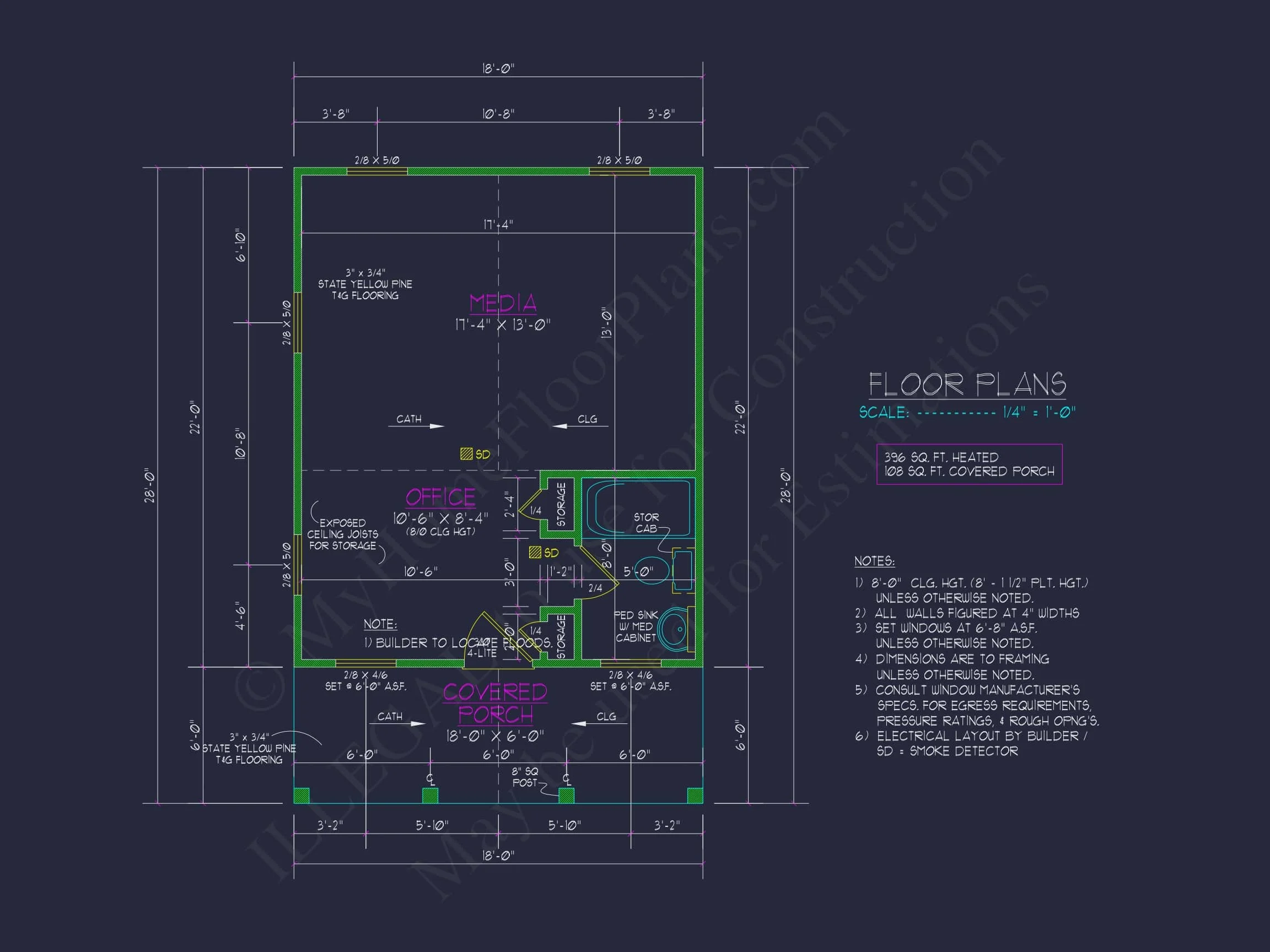 11-1891 HOUSE PLAN - 1-Bed, 1-Bath, 396 SF Craftsman Cottage Home Plan 5 Compact house Floor Plan with Detailed CAD Architecture Design