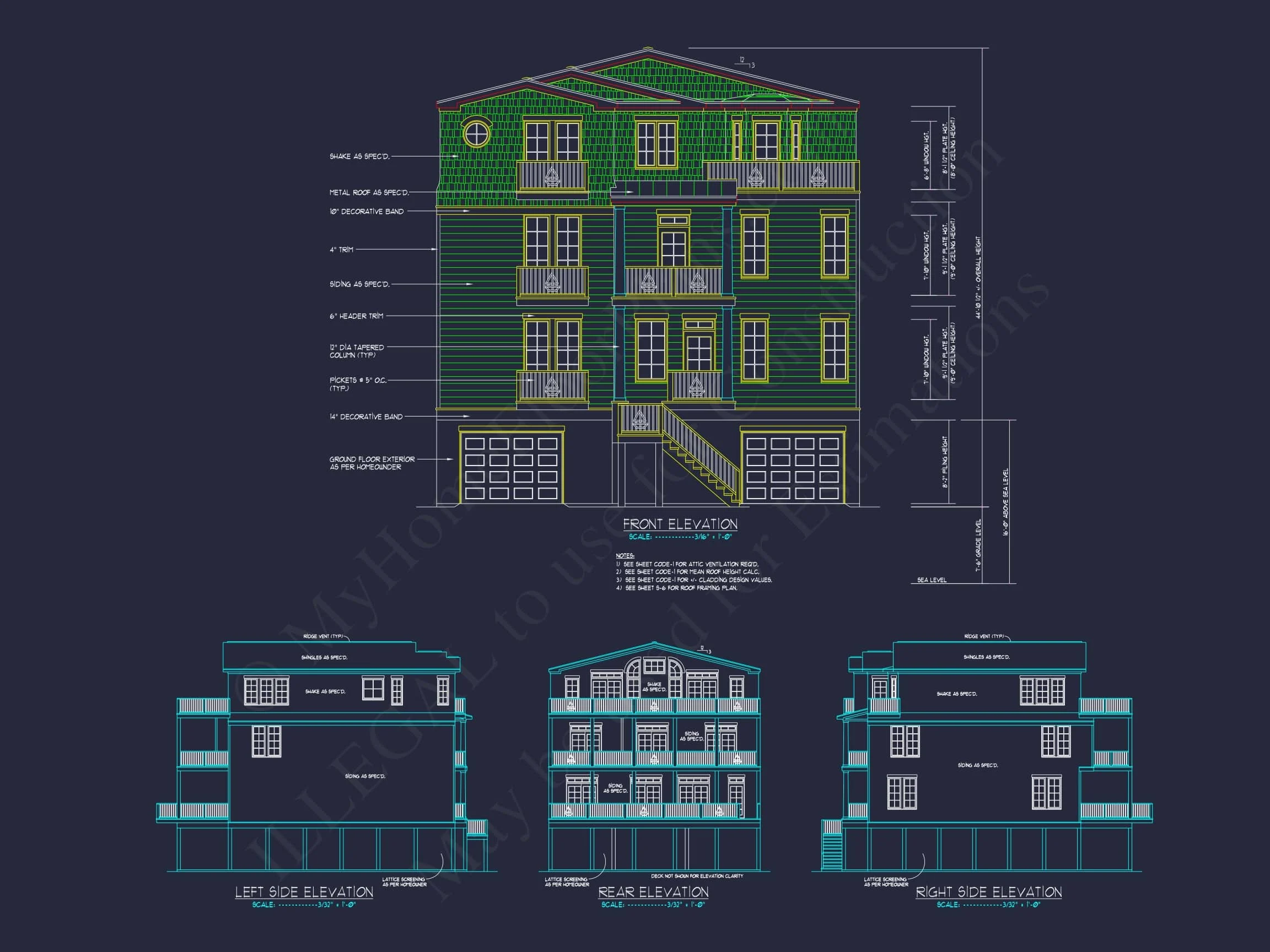 Coastal house Floor Plan with 7+ Bedrooms and CAD Designs