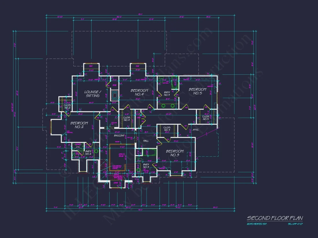French Country house Plan with 5 Bedrooms, 2-Story CAD Blueprint