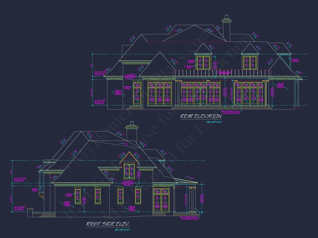 French Country house Plan with 5 Bedrooms, 2-Story CAD Blueprint