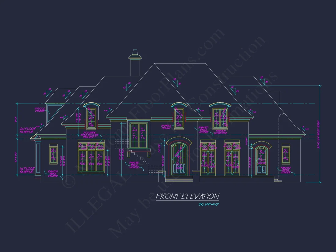 French Country house Plan with 5 Bedrooms, 2-Story CAD Blueprint