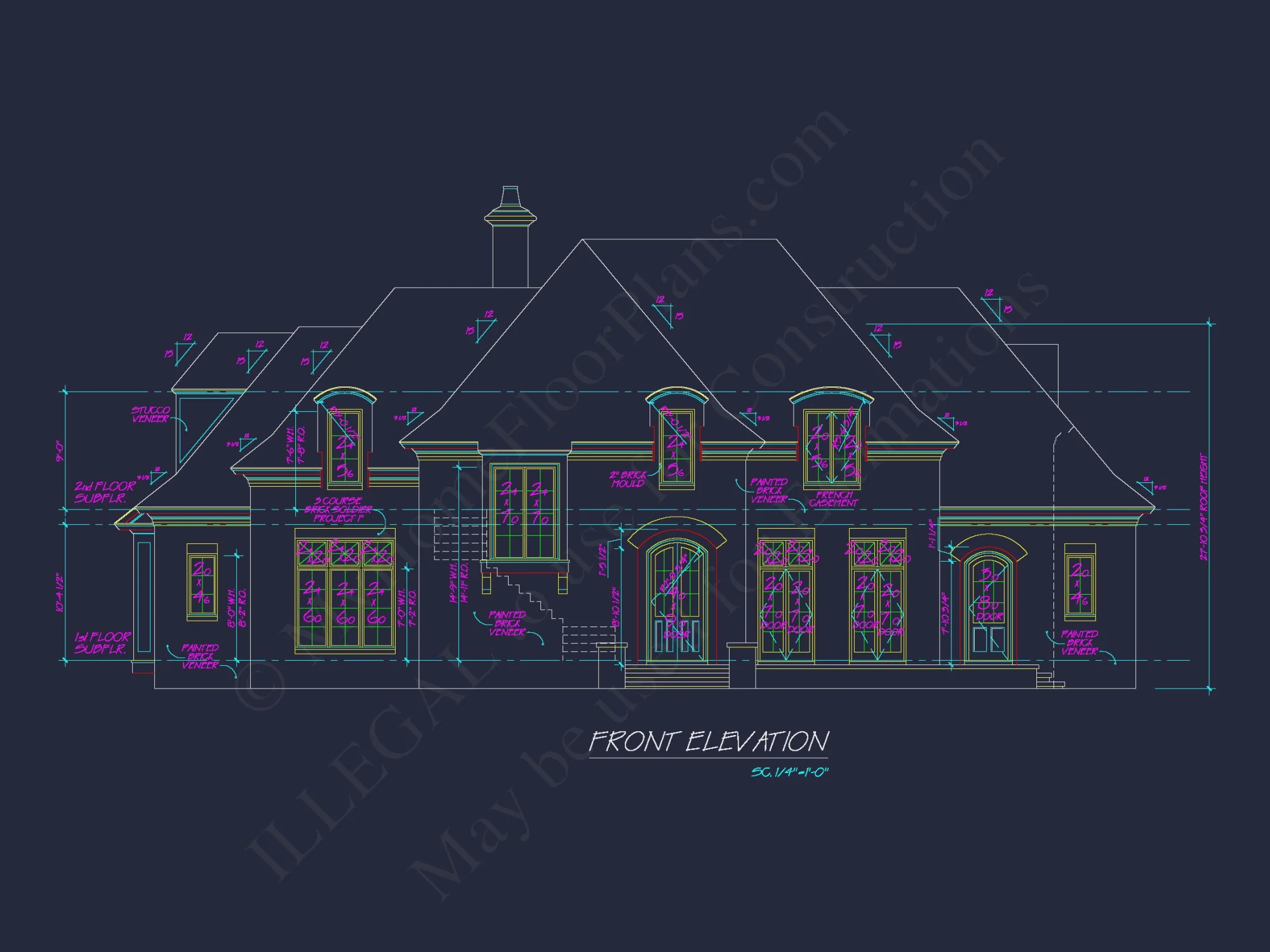 French Country house Plan with 5 Bedrooms, 2-Story CAD Blueprint
