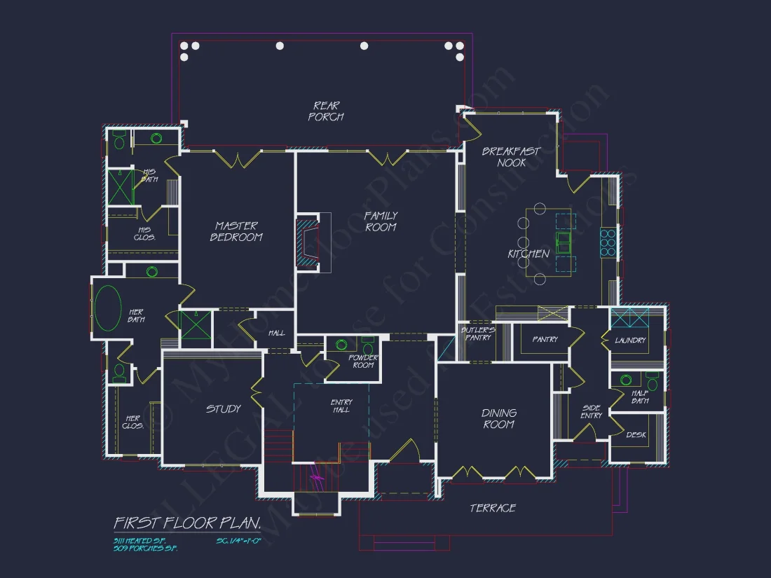 French Country house Plan with 5 Bedrooms, 2-Story CAD Blueprint