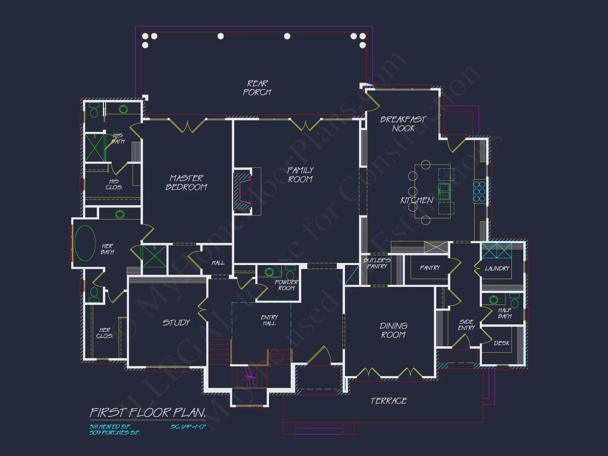 French Country house Plan with 5 Bedrooms, 2-Story CAD Blueprint