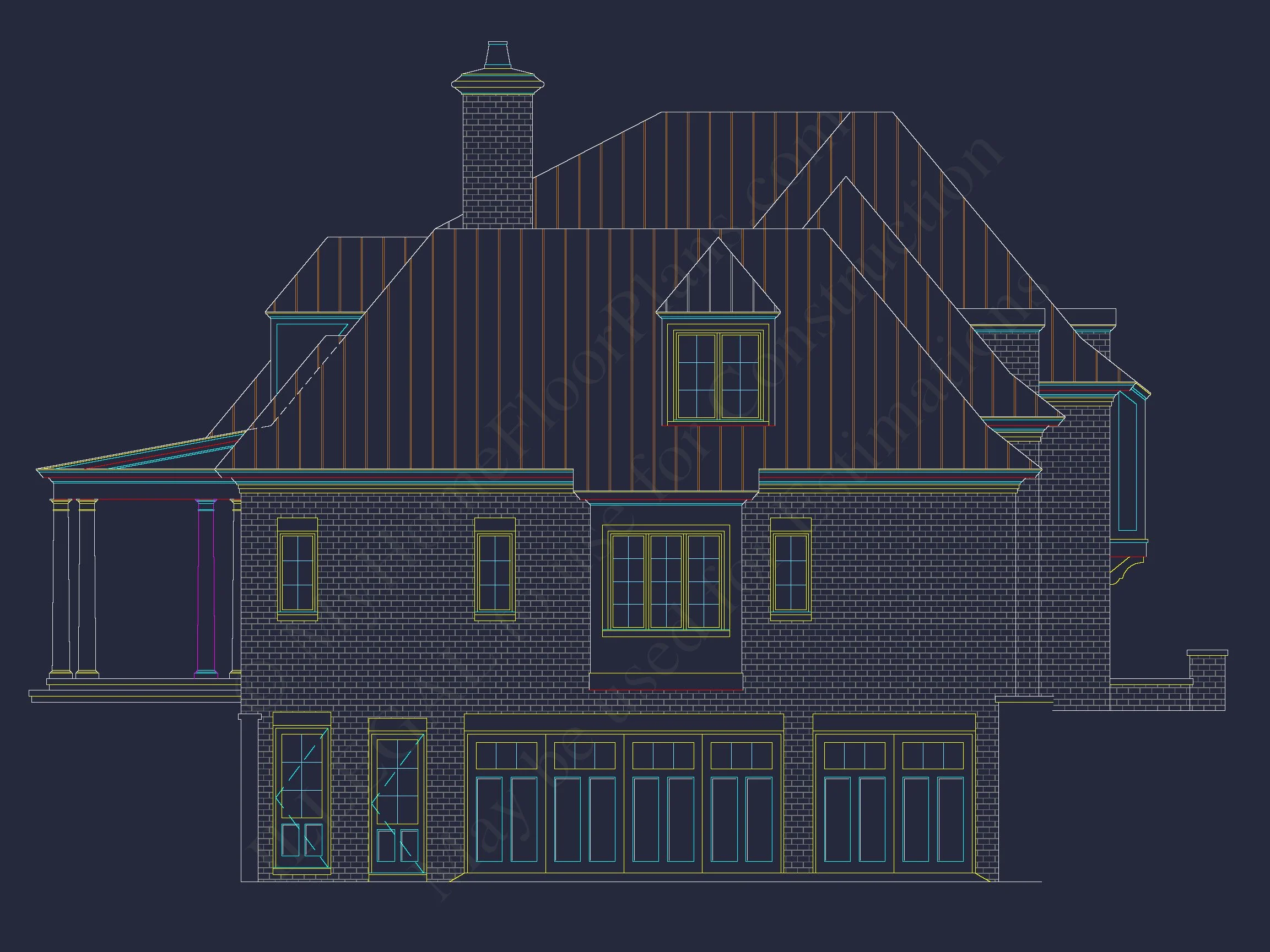 French Country house Plan with 5 Bedrooms, 2-Story CAD Blueprint