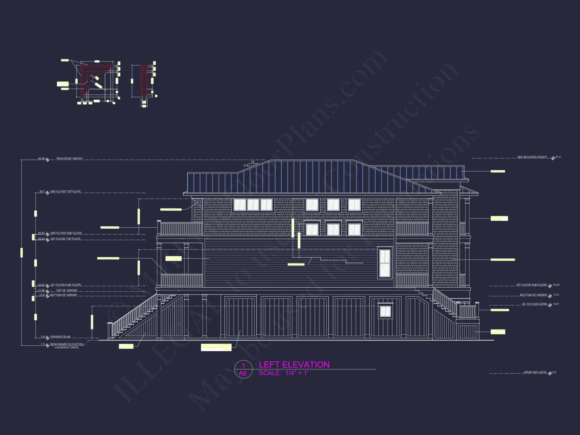 Custom Beach house Plan with 3 Floors, 4 Bedrooms & CAD Design