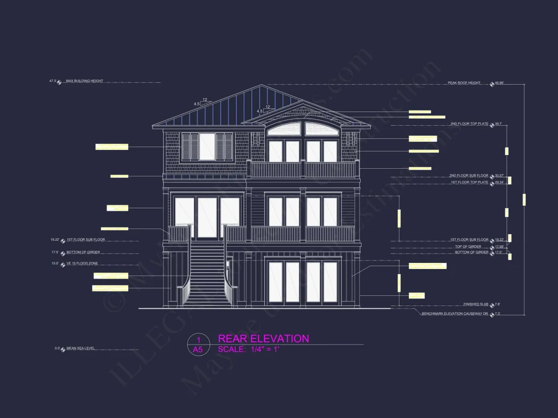 Custom Beach house Plan with 3 Floors, 4 Bedrooms & CAD Design
