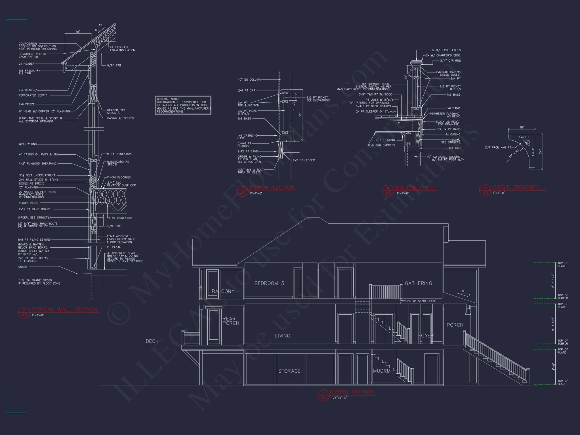 Well-Designed Beach house Plan with 3 Floor Blueprints & CAD