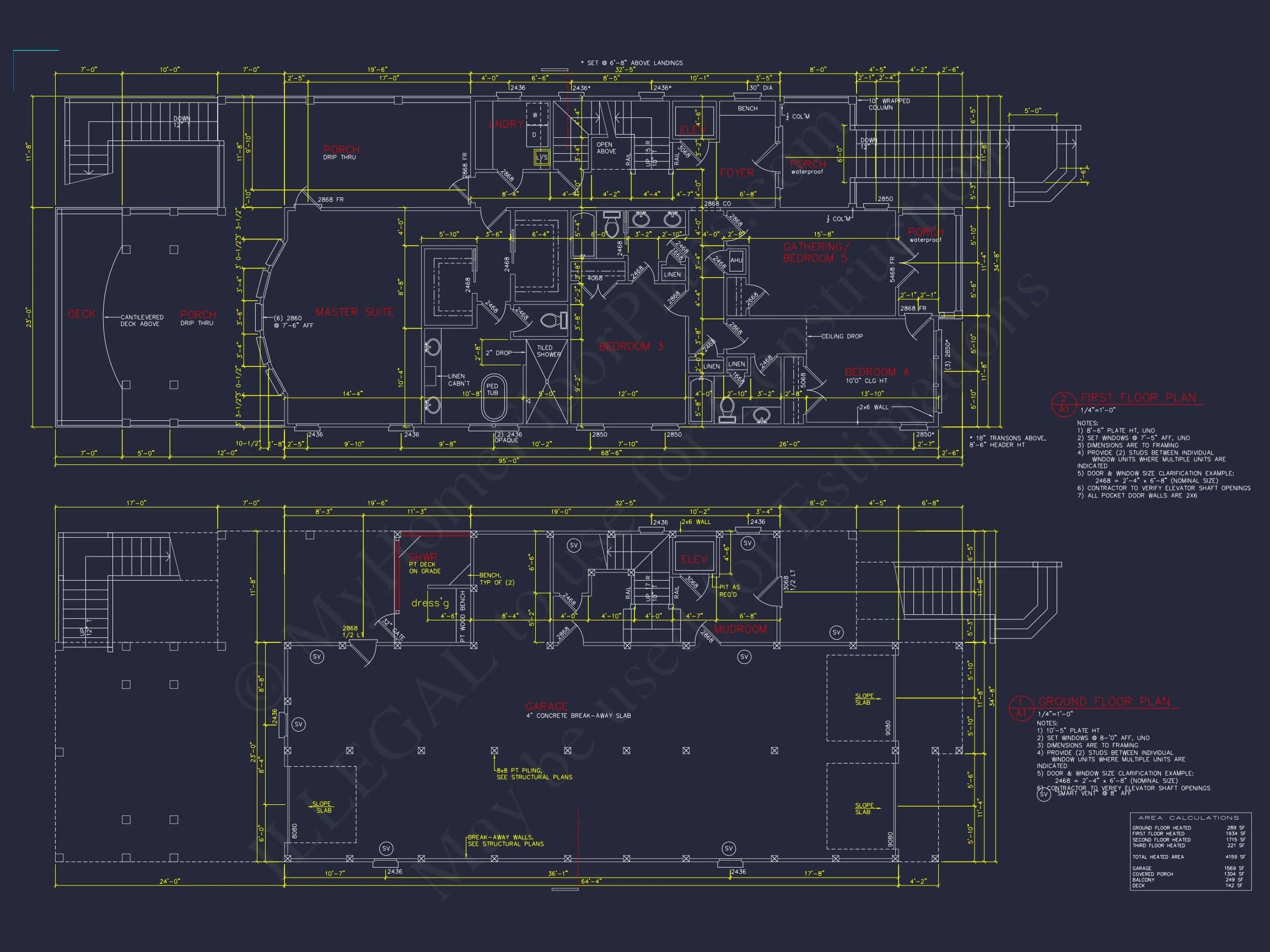 13-1763 HOUSE PLAN - Coastal Beach House Plan - 5-Bed, 5-Bath, 4,159 SF 61 Coastal house Plan with CAD Floor Designs and Blueprint