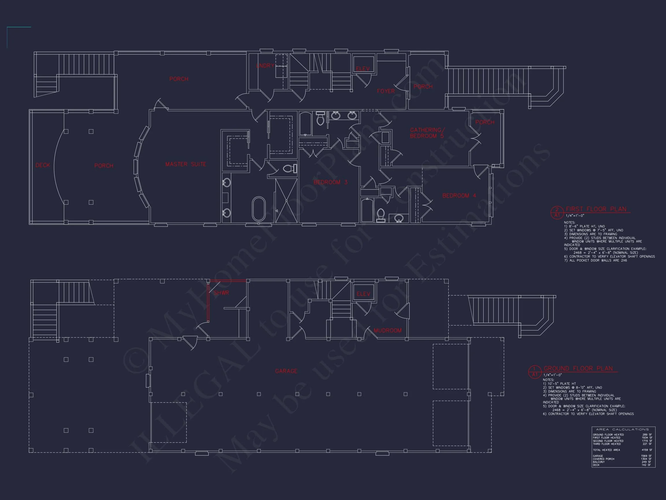 13-1763 HOUSE PLAN - Coastal Beach House Plan - 5-Bed, 5-Bath, 4,159 SF 58 Coastal house Plan with CAD Floor Designs and Blueprint