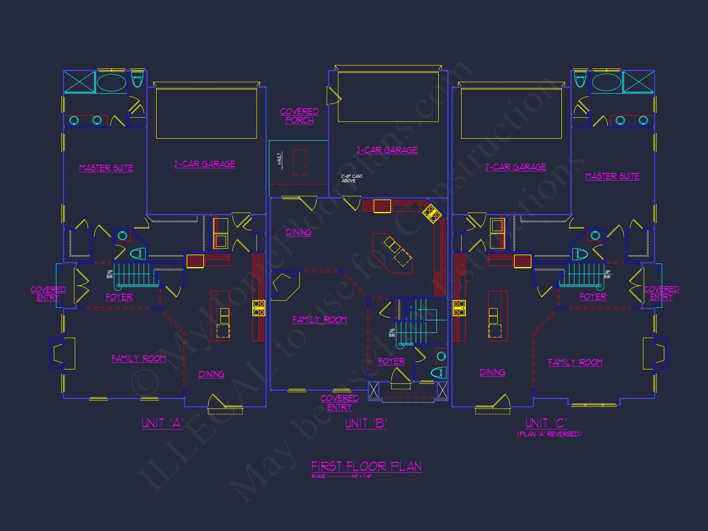 12-2340 TRIPLEX TOWNHOUSE PLAN - Efficient Multi-Family Triplex House Plan with CAD Designs 6 Efficient Multi-Family Triplex house Plan with CAD Designs