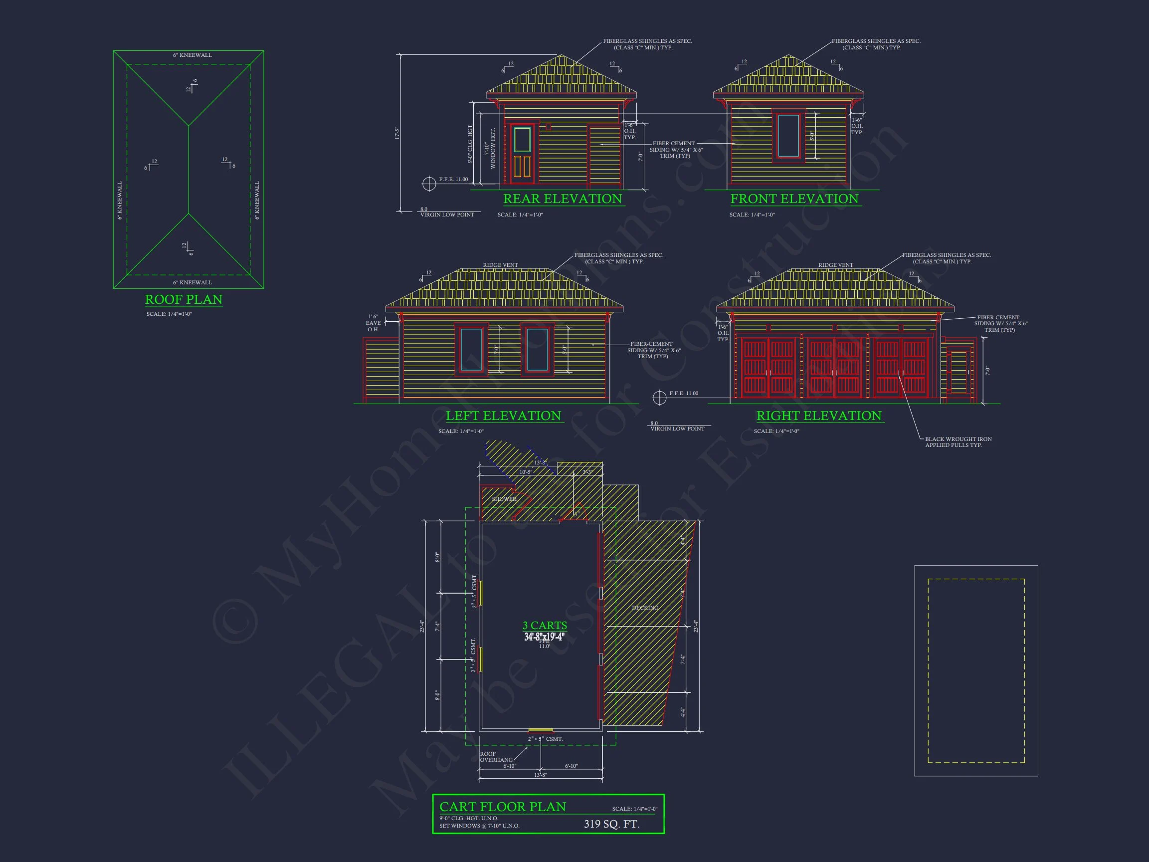 20-1922 Coastal 3-Cart Garage Plan 4 Custom Garage and Cart CAD Blueprint – 3-Bay Architectural Design