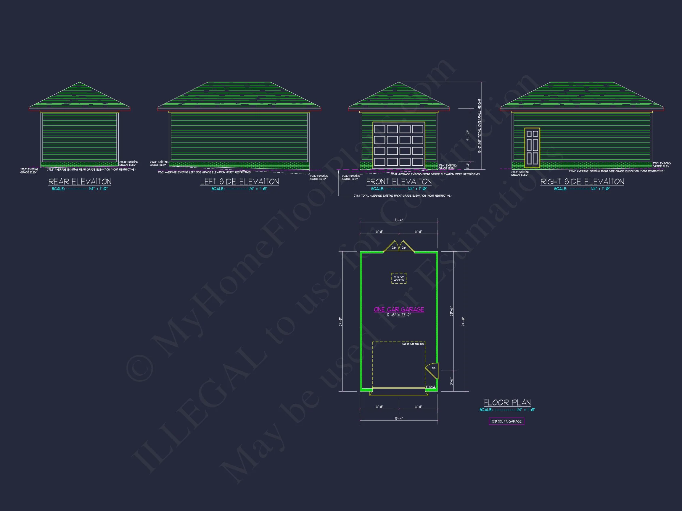 19-2509 GARAGE PLAN - 1-Bed, 1-Bath, 320 SF Traditional Detached Garage Plan 3 One-Car Garage Plan with Detailed CAD Blueprint and Architecture Designs