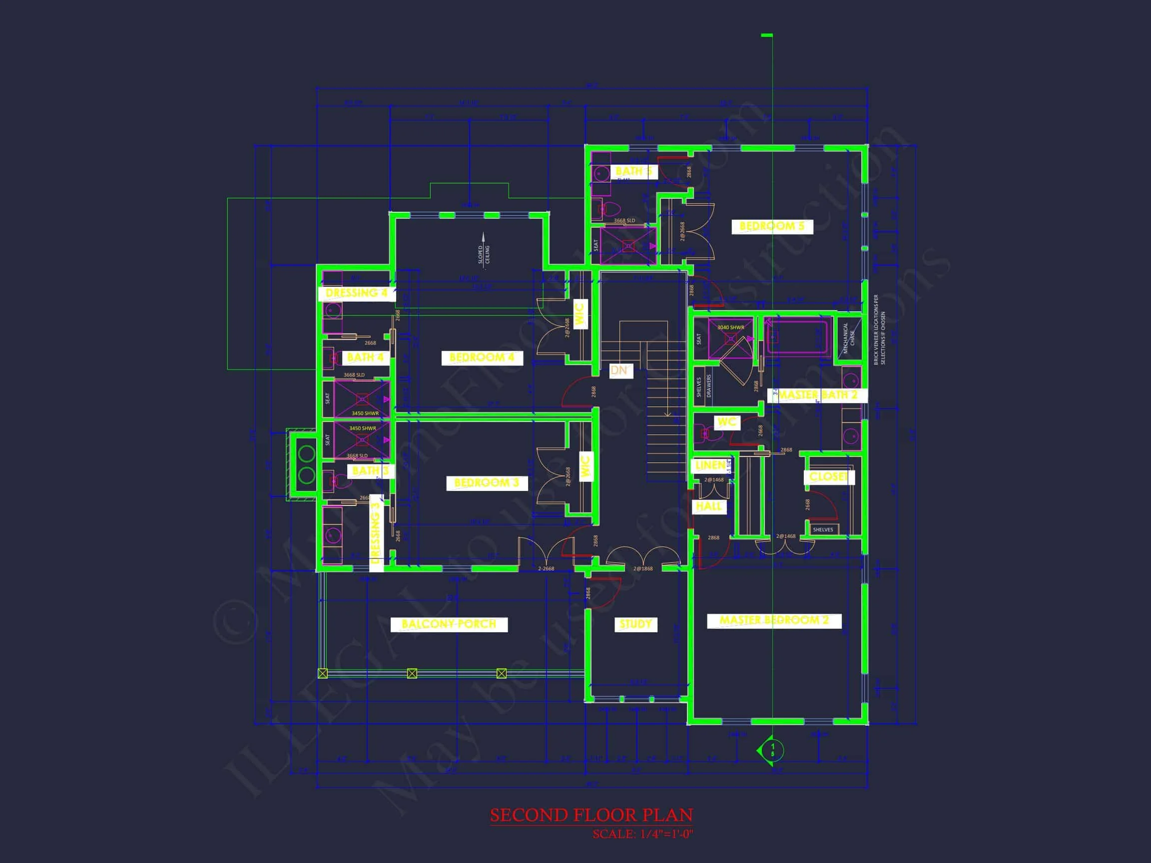 Colonial Revival house Plan with 5 Bedrooms and 2 Floors