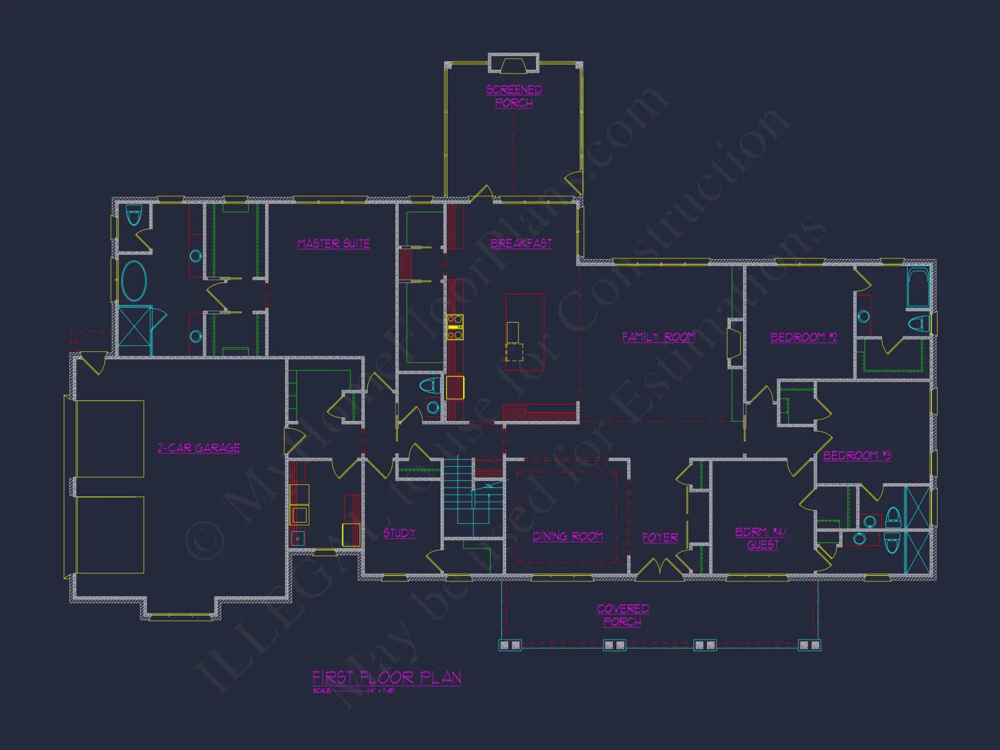 Spacious house Plan with 4 Bedrooms, Study, and CAD Designs