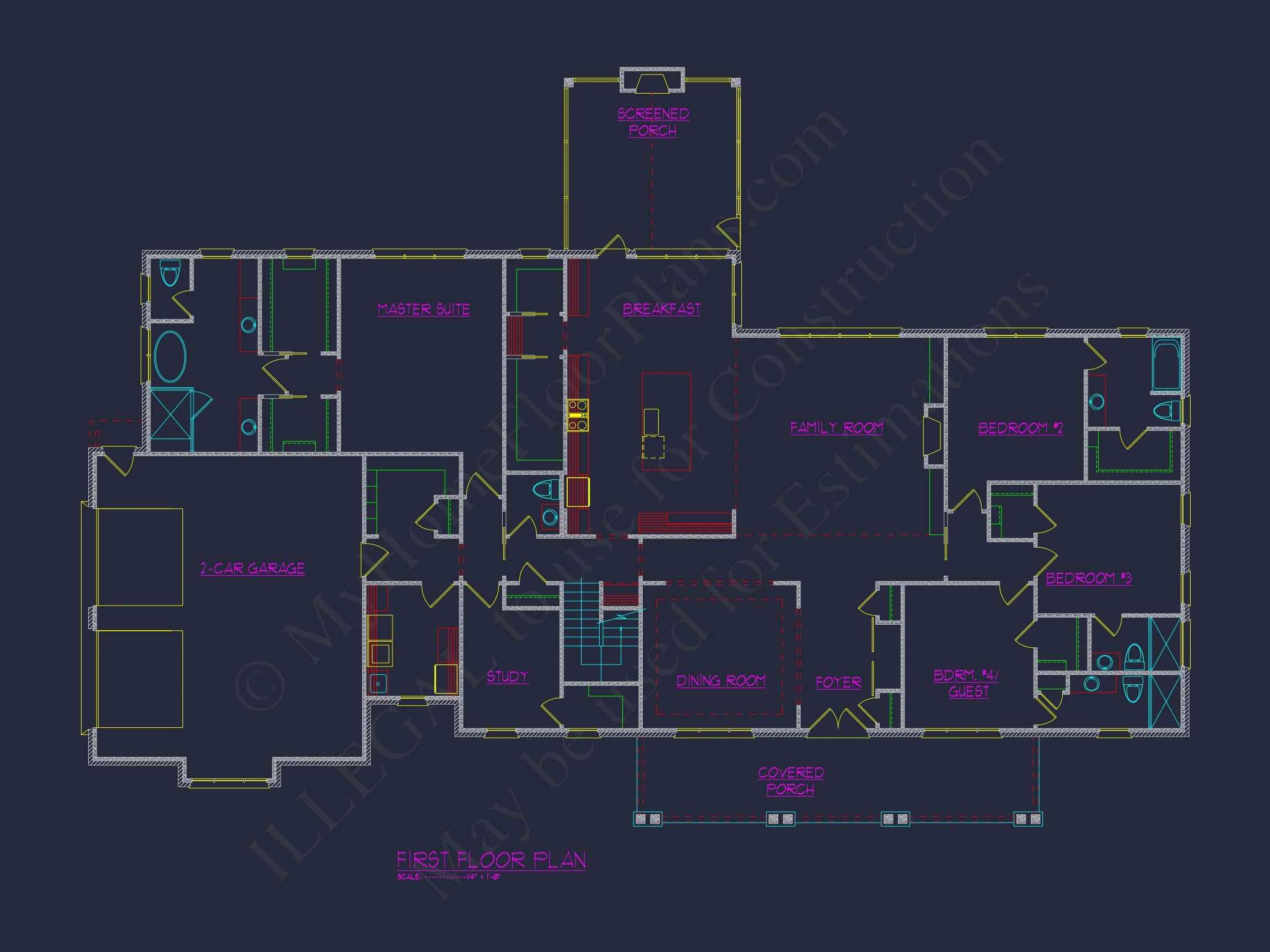 Spacious house Plan with 4 Bedrooms, Study, and CAD Designs