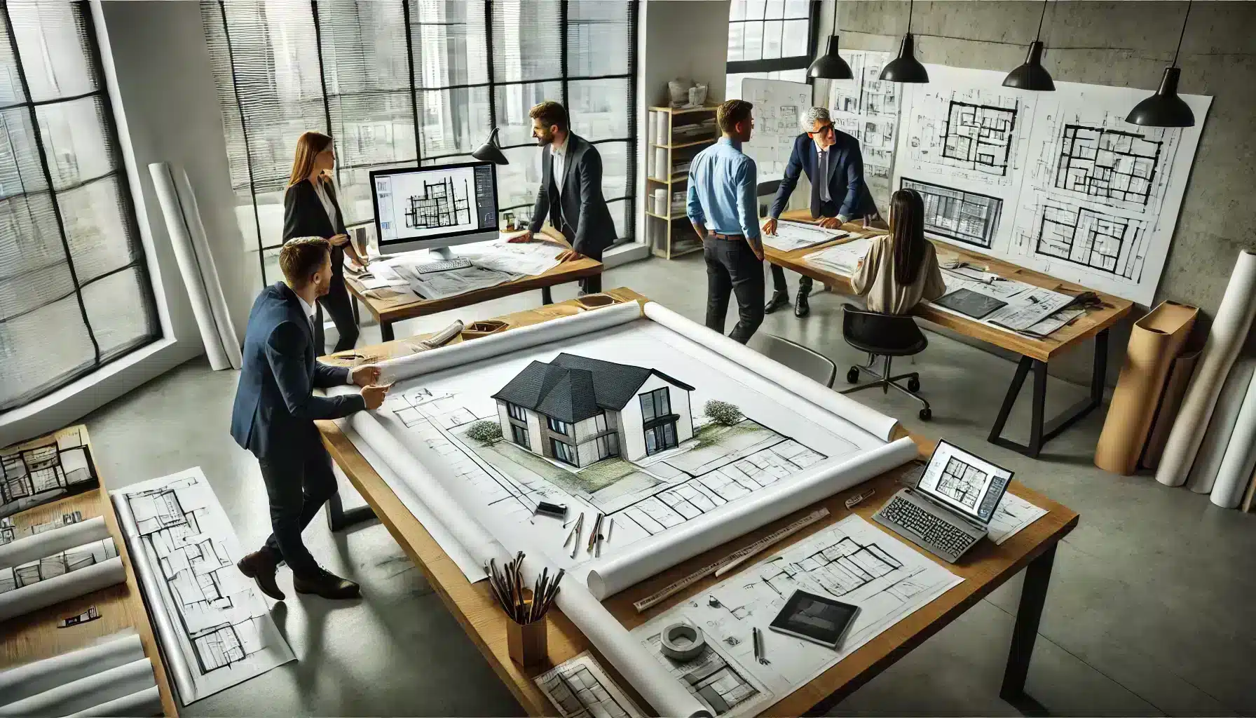 DALL%C2%B7E 2025 03 20 16.27.33 A professional workspace with architects designers and builders collaborating over a large blueprint spread across a table. The setting is a modern