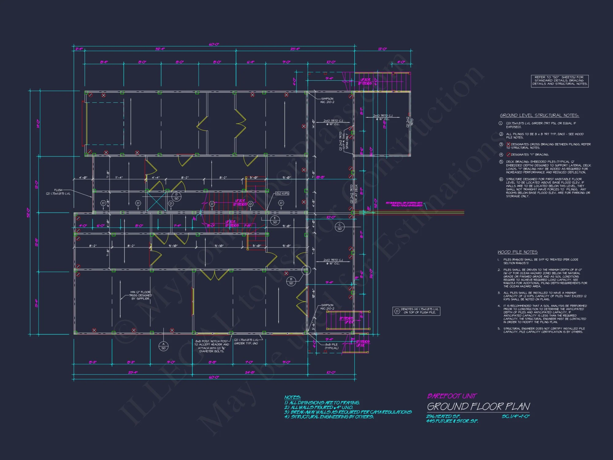 Beach Duplex Floor Plan with 4 Beds, Garage & CAD Designs