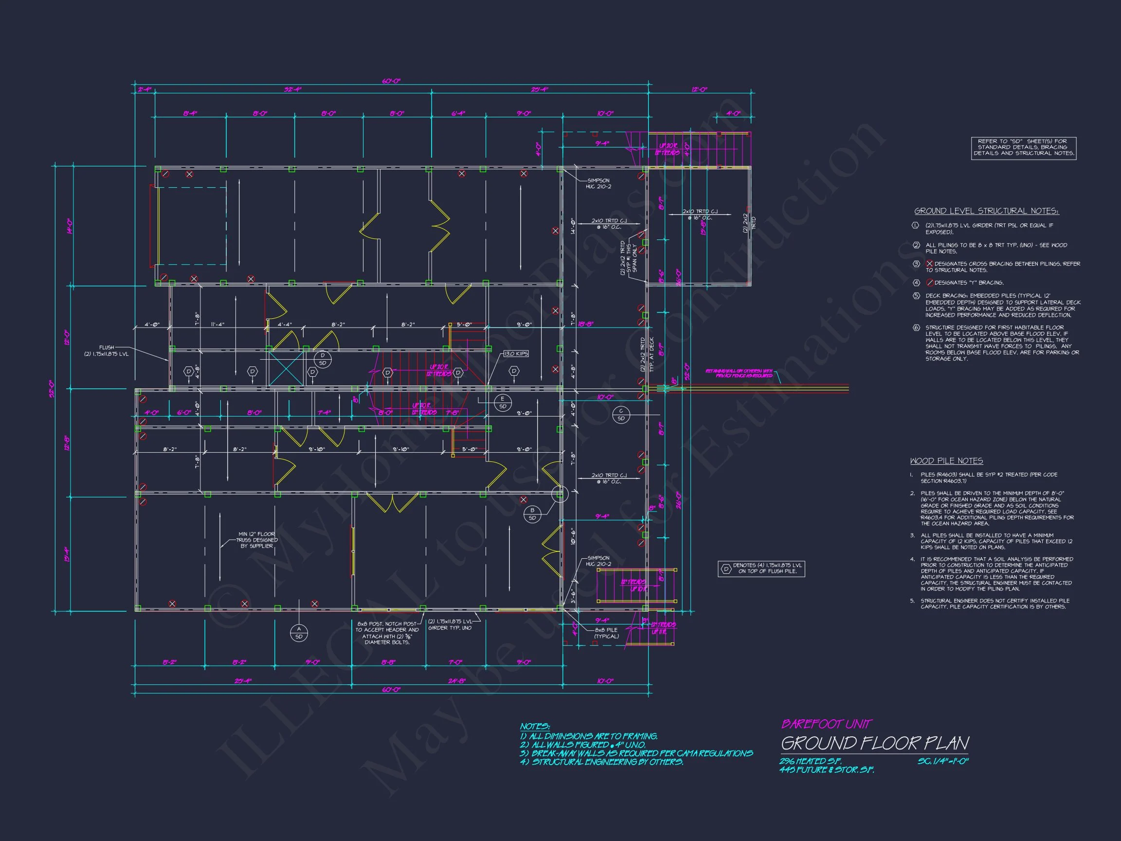Beach Duplex Floor Plan with 4 Beds, Garage & CAD Designs