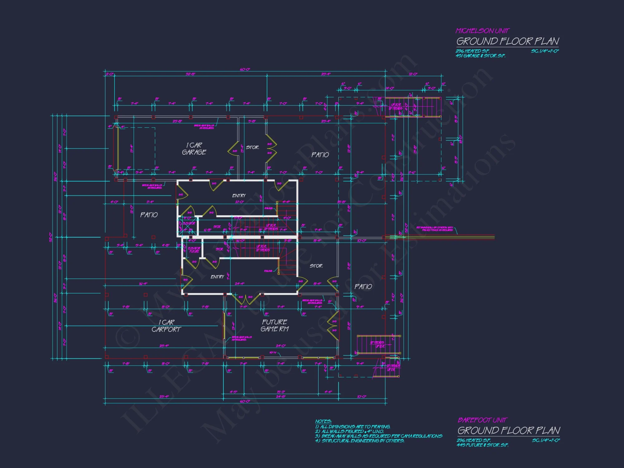Beach Duplex Floor Plan with 4 Beds, Garage & CAD Designs