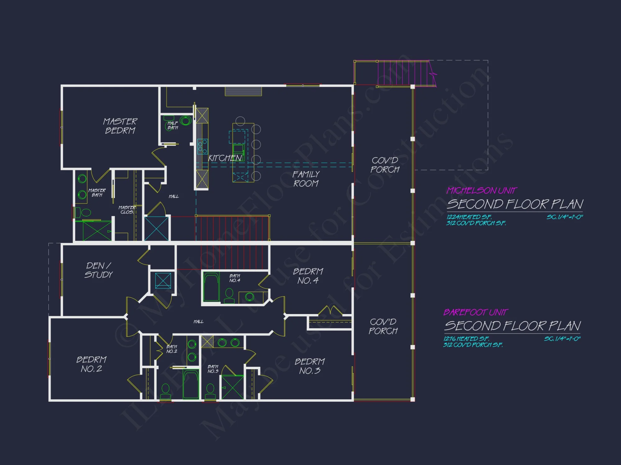 Beach Duplex Floor Plan with 4 Beds, Garage & CAD Designs