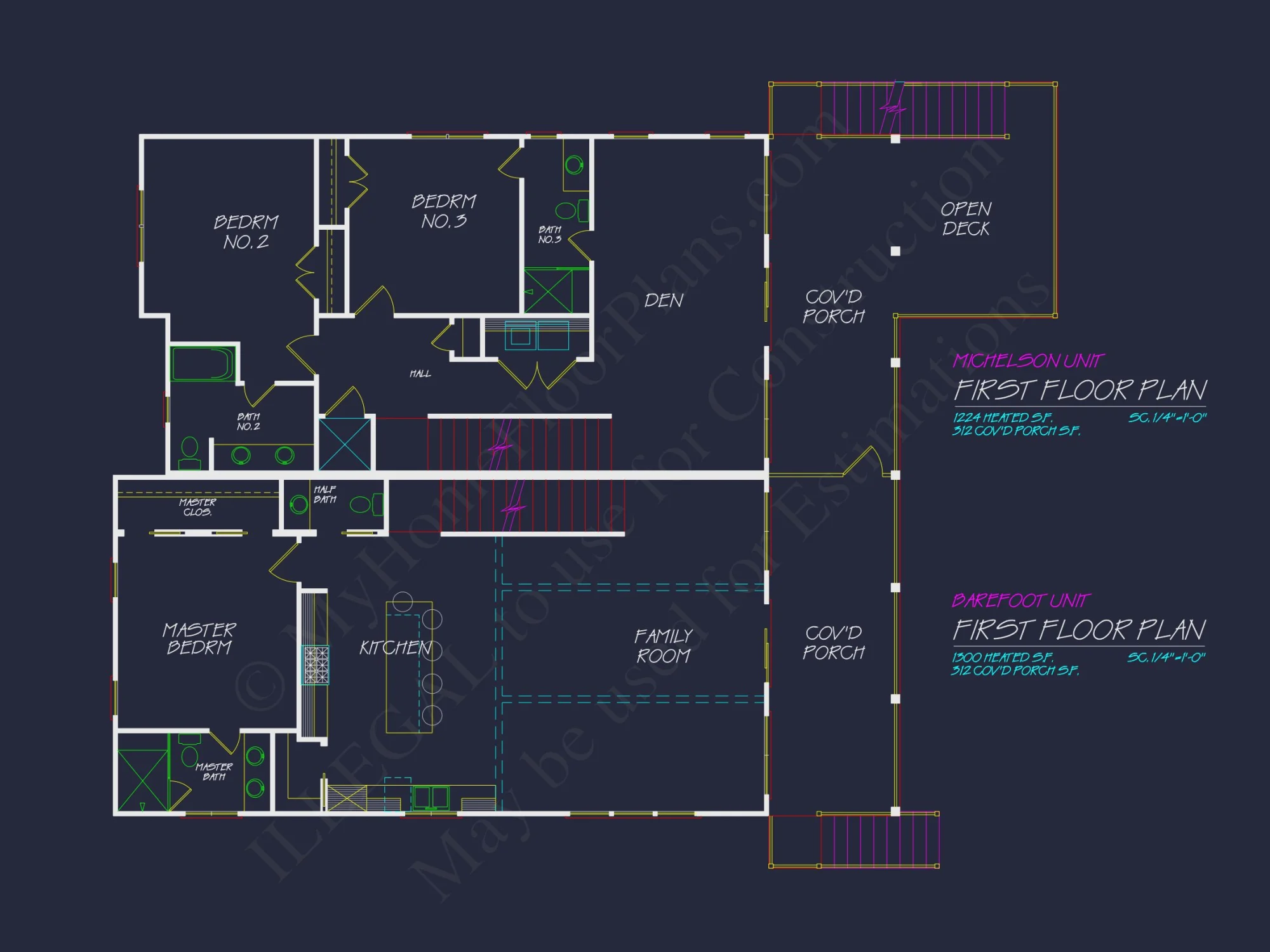 Beach Duplex Floor Plan with 4 Beds, Garage & CAD Designs