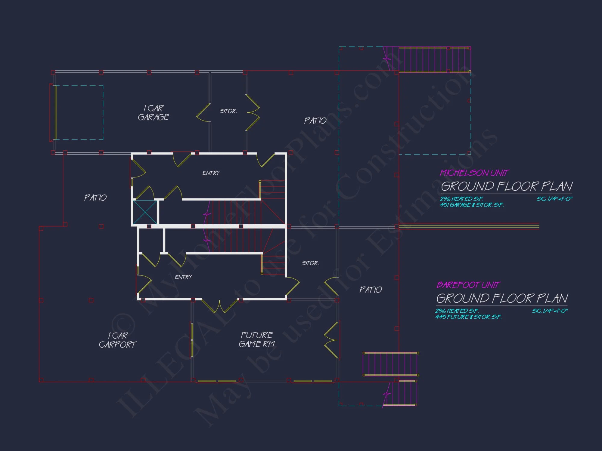 Beach Duplex Floor Plan with 4 Beds, Garage & CAD Designs
